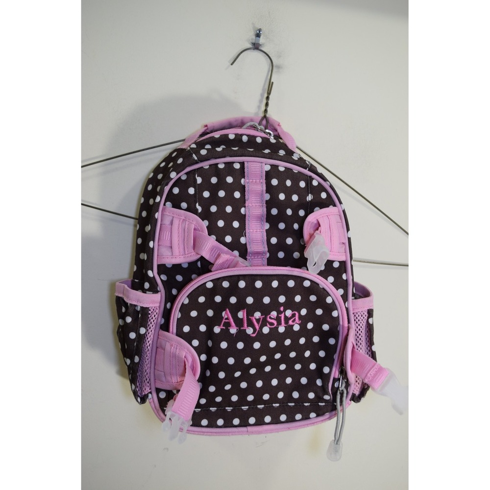 Pottery Barn Kids ALYSIA Name Embroidered TODDLER Brown Pink Polka Dot Backpack